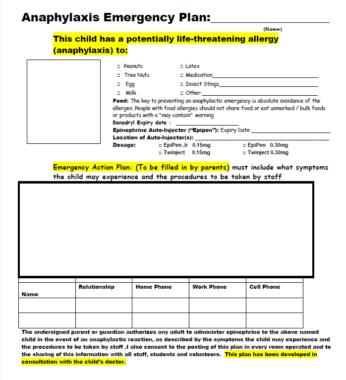 Anaphylaxis Plan